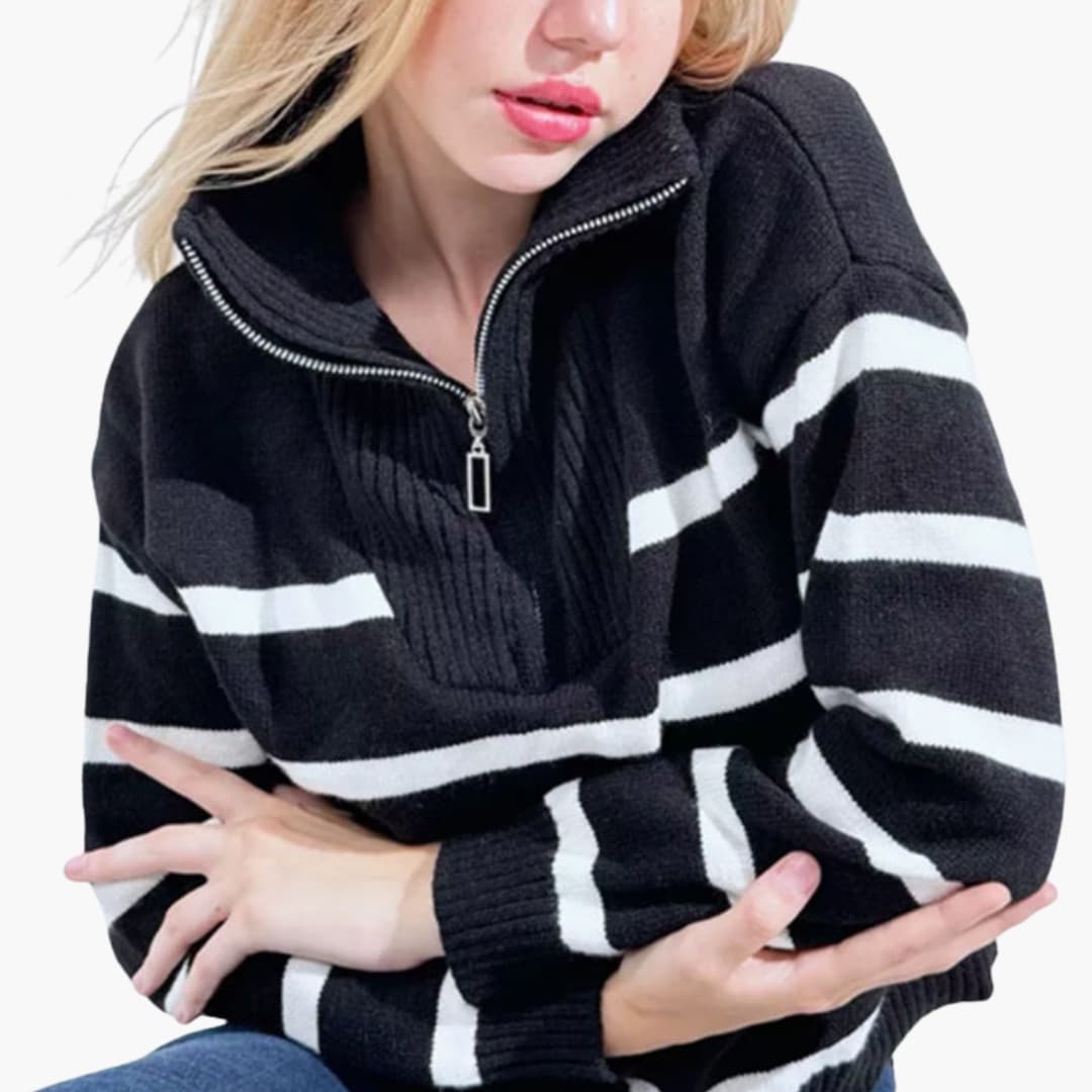 Maglione a righe in maglia per donna con collo a mezza zip