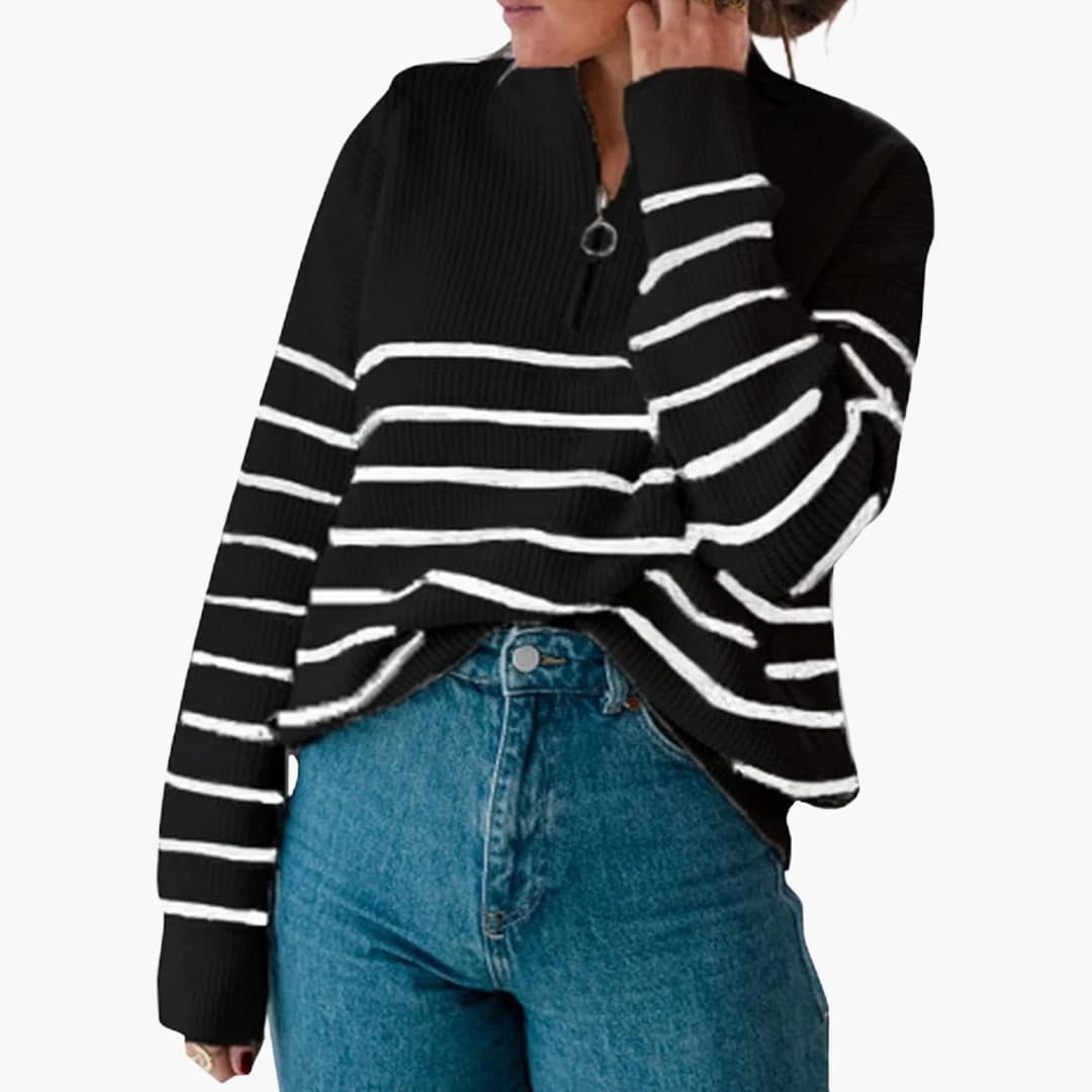 Sweter damski w paski z półzamkiem