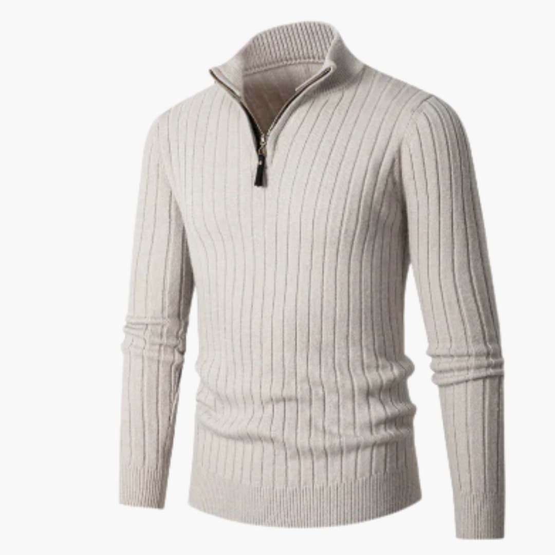 Sweter męski z prążkowanej dzianiny z półzamkiem przy kołnierzu