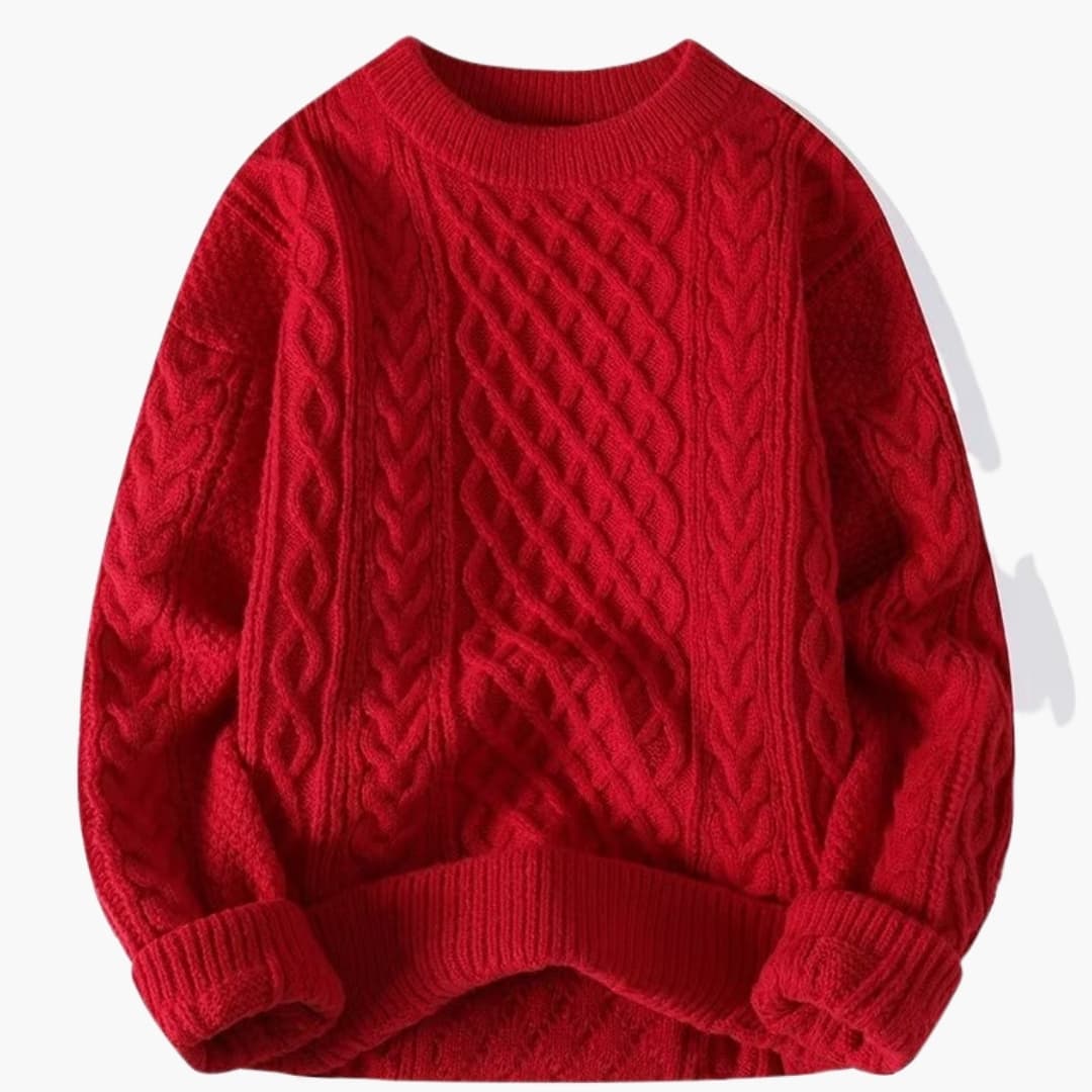 Women's knitted sweater with round neck and cable pattern