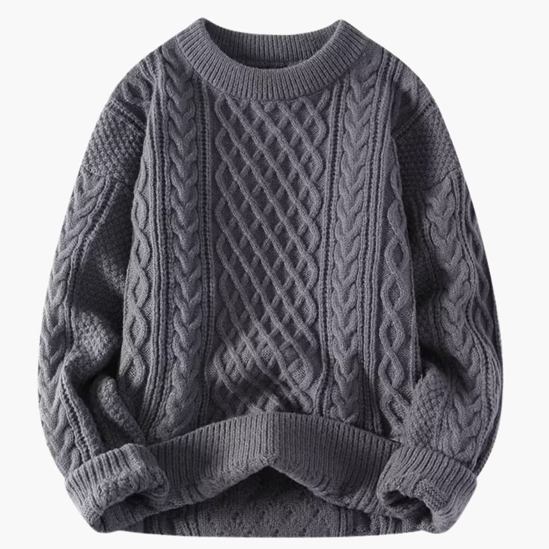 Women's knitted sweater with round neck and cable pattern