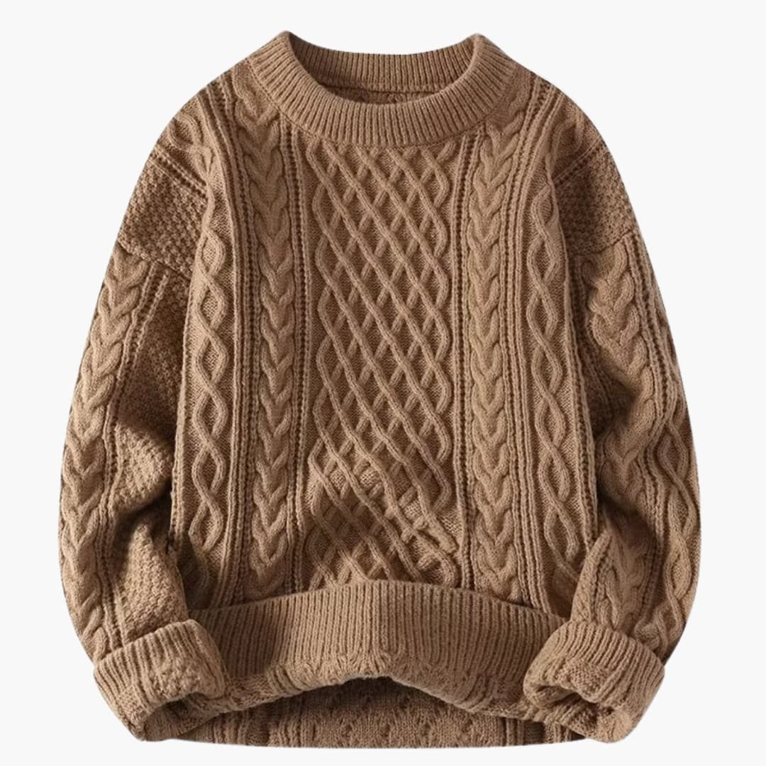 Women's knitted sweater with round neck and cable pattern
