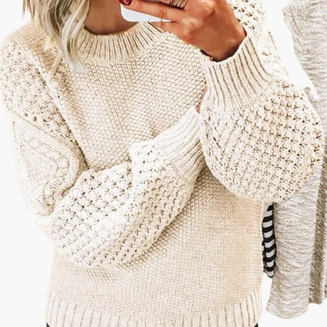 Maglione a maglia donna con maniche testurizzate e collo rotondo