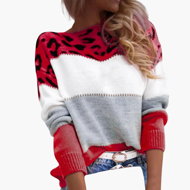 Sweter damski z dzianiny w kolorowe bloki i wzór w panterkę