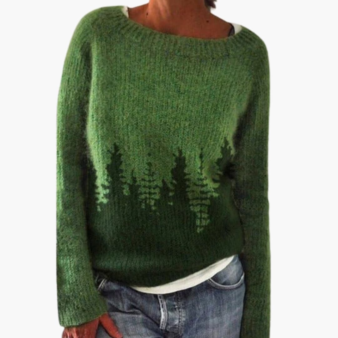Maglione a maglia per donna con motivo foresta e collo rotondo