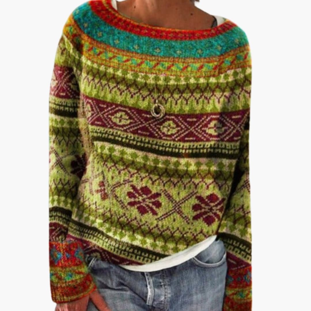 Maglione a maglia per donna con motivo foresta e collo rotondo