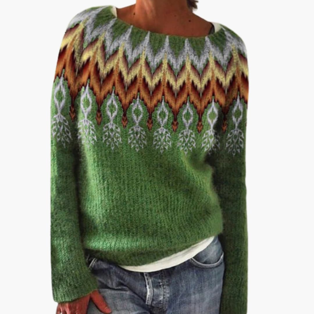 Maglione a maglia per donna con motivo foresta e collo rotondo