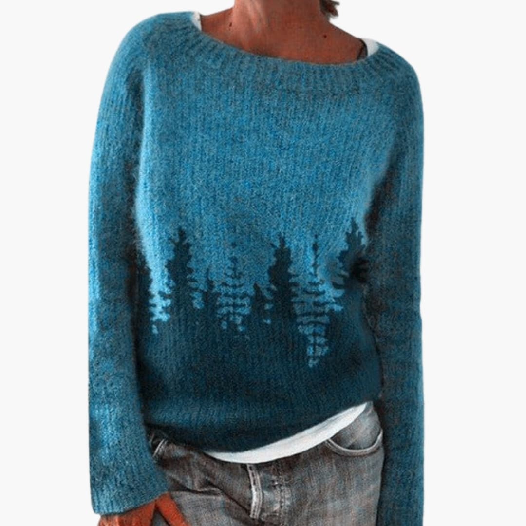 Maglione a maglia per donna con motivo foresta e collo rotondo