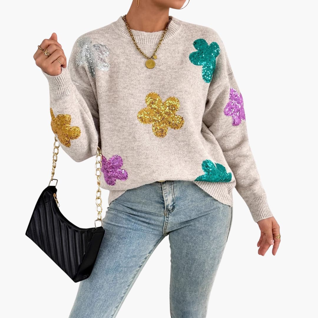 Pull en maille pour femme avec encolure ronde et appliqués floraux