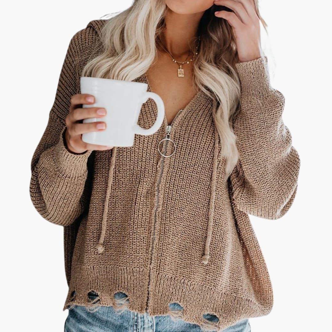Maglione a maglia per donna con chiusura lampo e collo a V