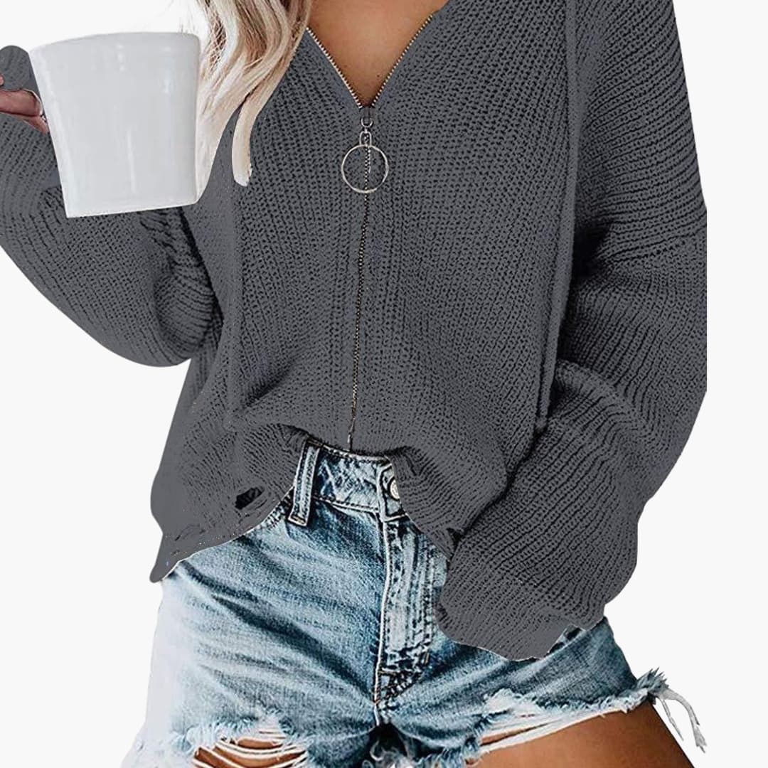 Maglione a maglia per donna con chiusura lampo e collo a V