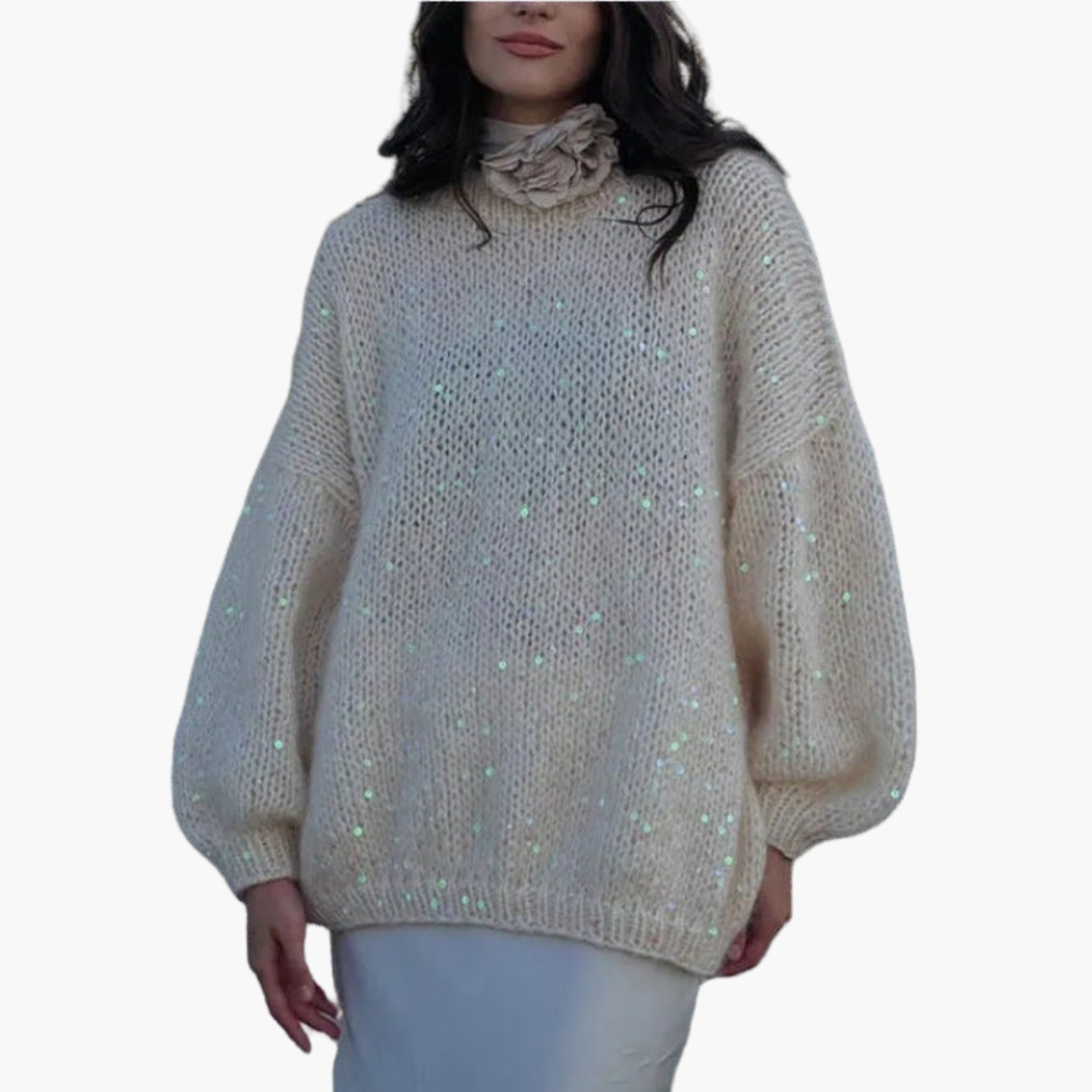 Pull em malha para mulher com mangas largas e superfície com padrão