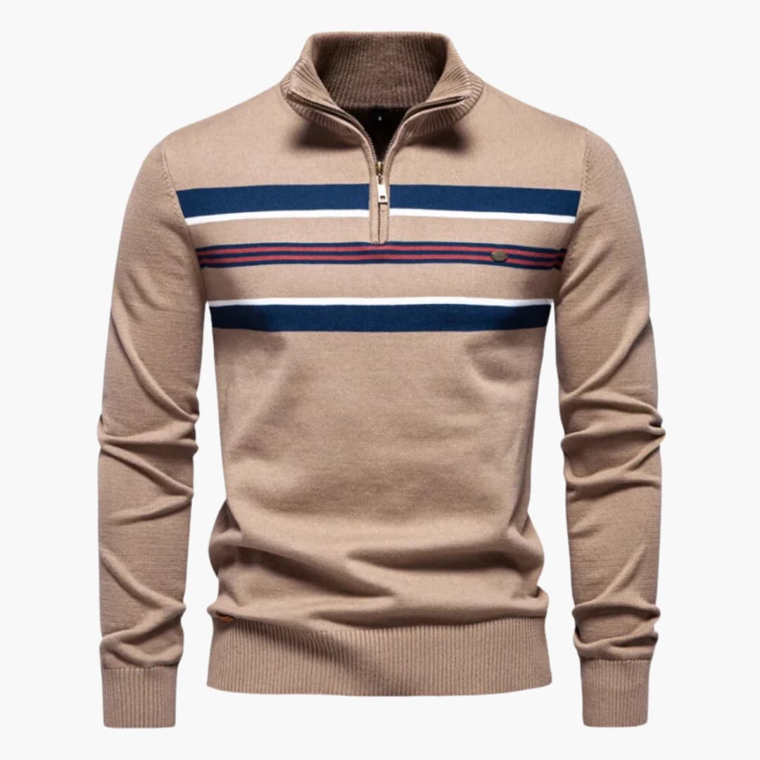 Pull en maille pour homme avec demi zip et motif à rayures