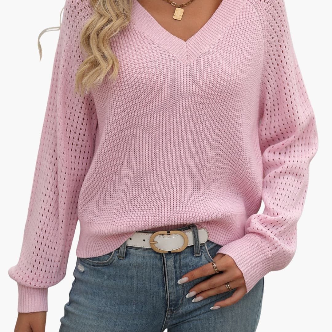 Maglione donna con scollo a V, maniche lunghe e orlo a coste