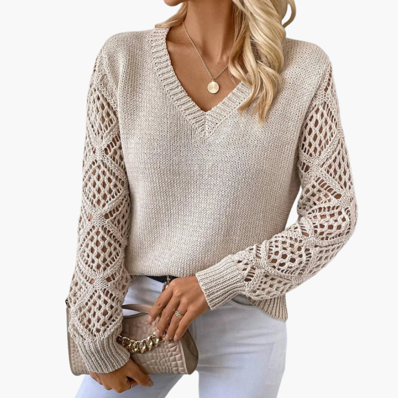 Women's V-neck knit sweater with openwork sleeves