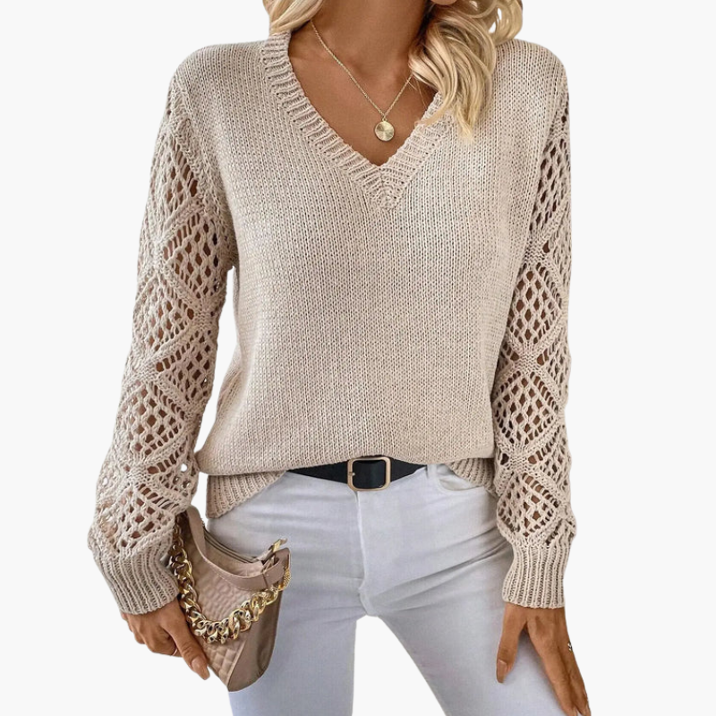 Women's V-neck knit sweater with openwork sleeves