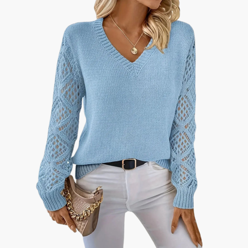Women's V-neck knit sweater with openwork sleeves