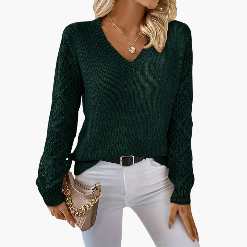 Women's V-neck knit sweater with openwork sleeves