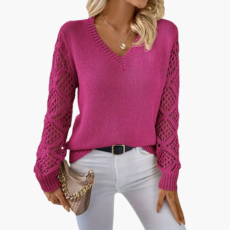 Women's V-neck knit sweater with openwork sleeves