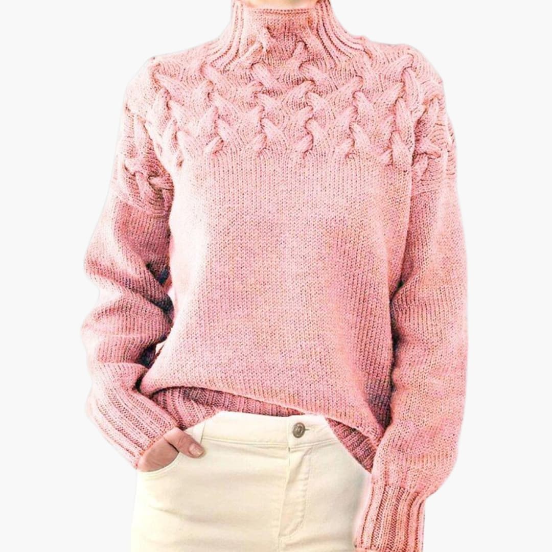 Maglione donna con collo alto e trecce lavorate a maglia