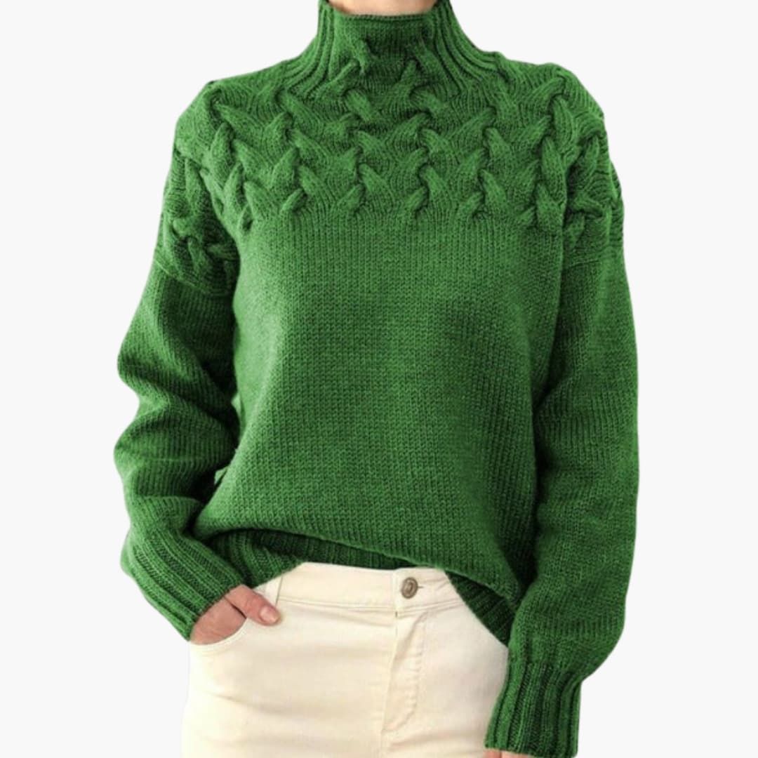 Pull femme à col montant avec torsades tricotées