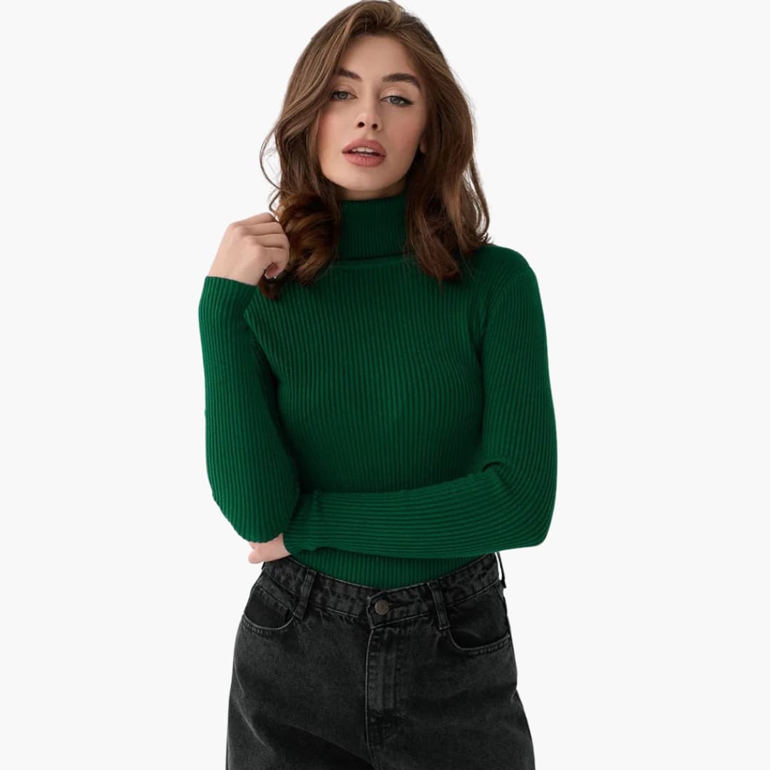 Maglione donna a collo alto in maglia a coste aderente