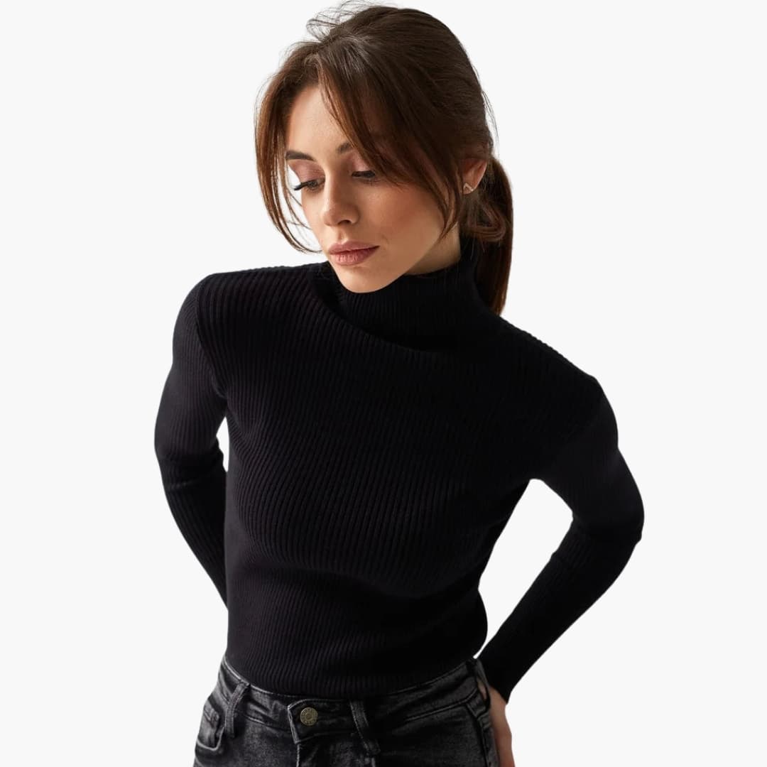 Maglione donna a collo alto in maglia a coste aderente