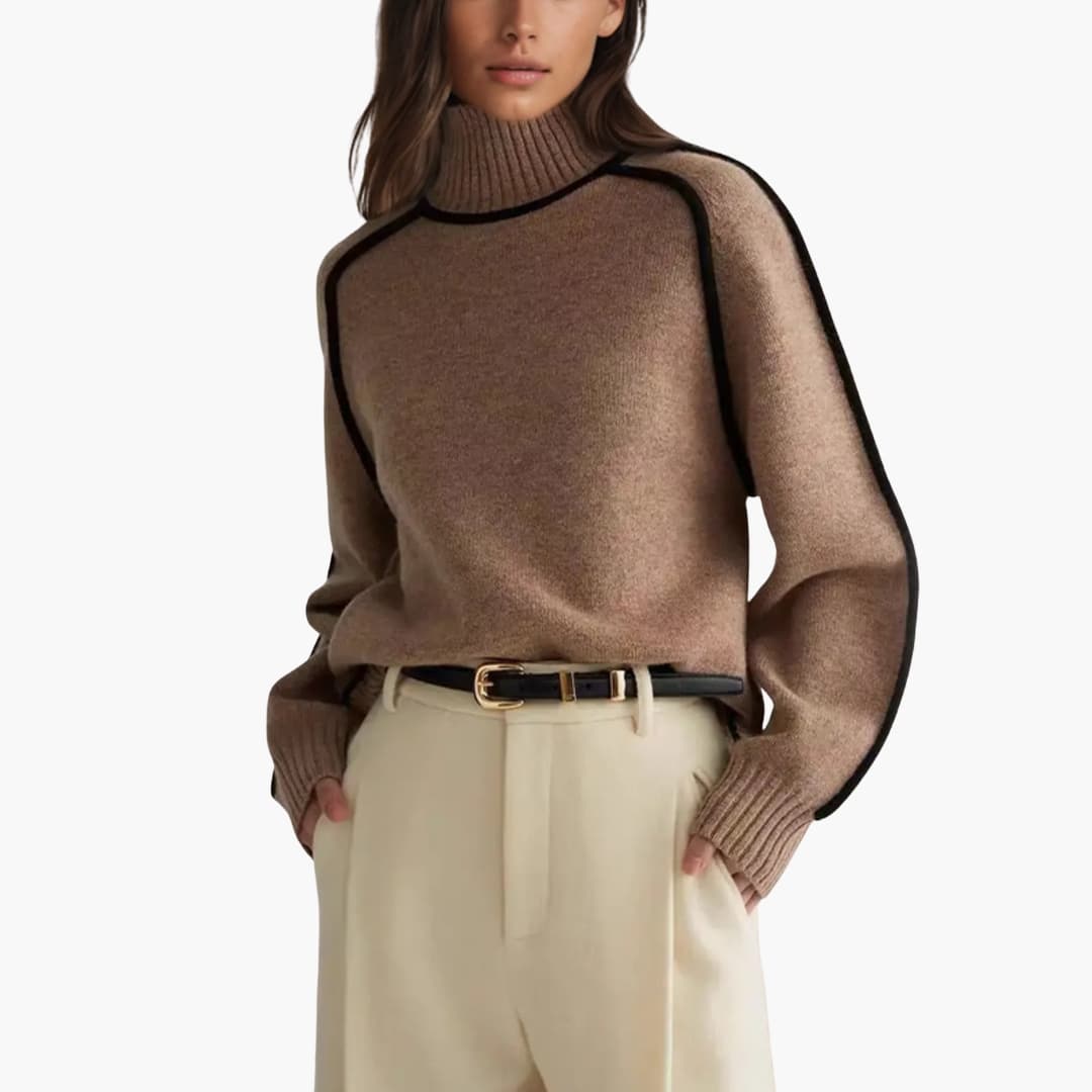 Pull femme à col roulé et bords contrastés