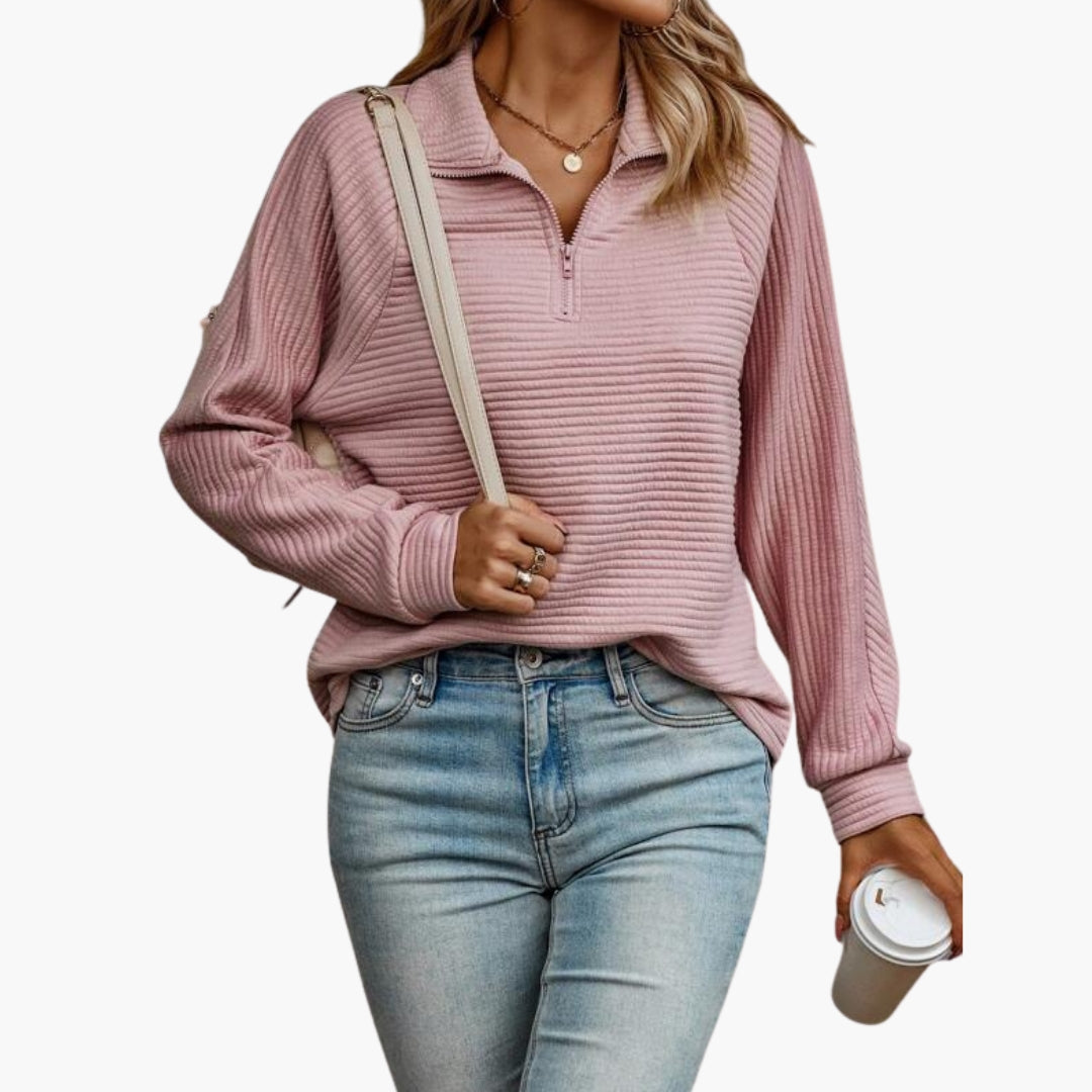 Pull femme col V avec demi zip