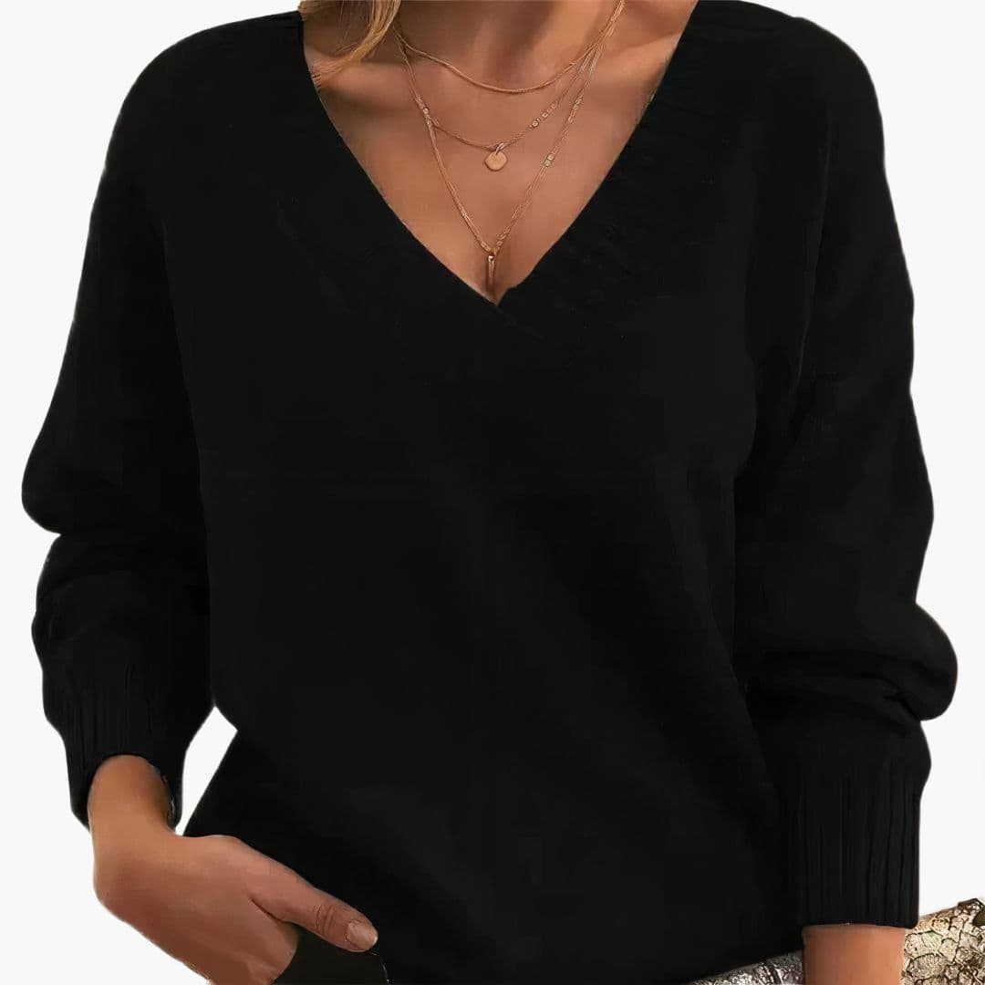 Pull femme col V avec finitions côtelées