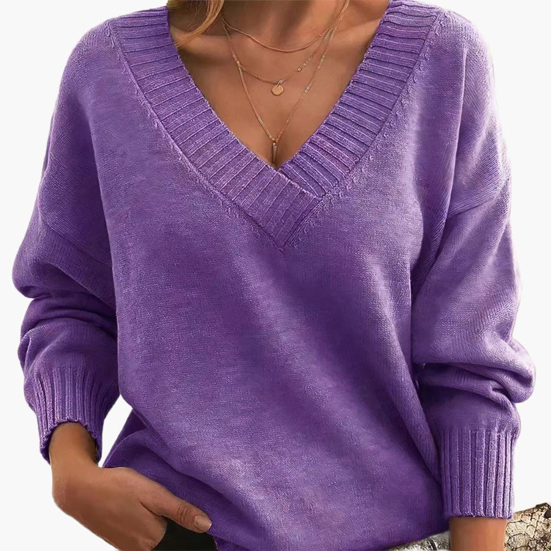 Pull femme col V avec finitions côtelées