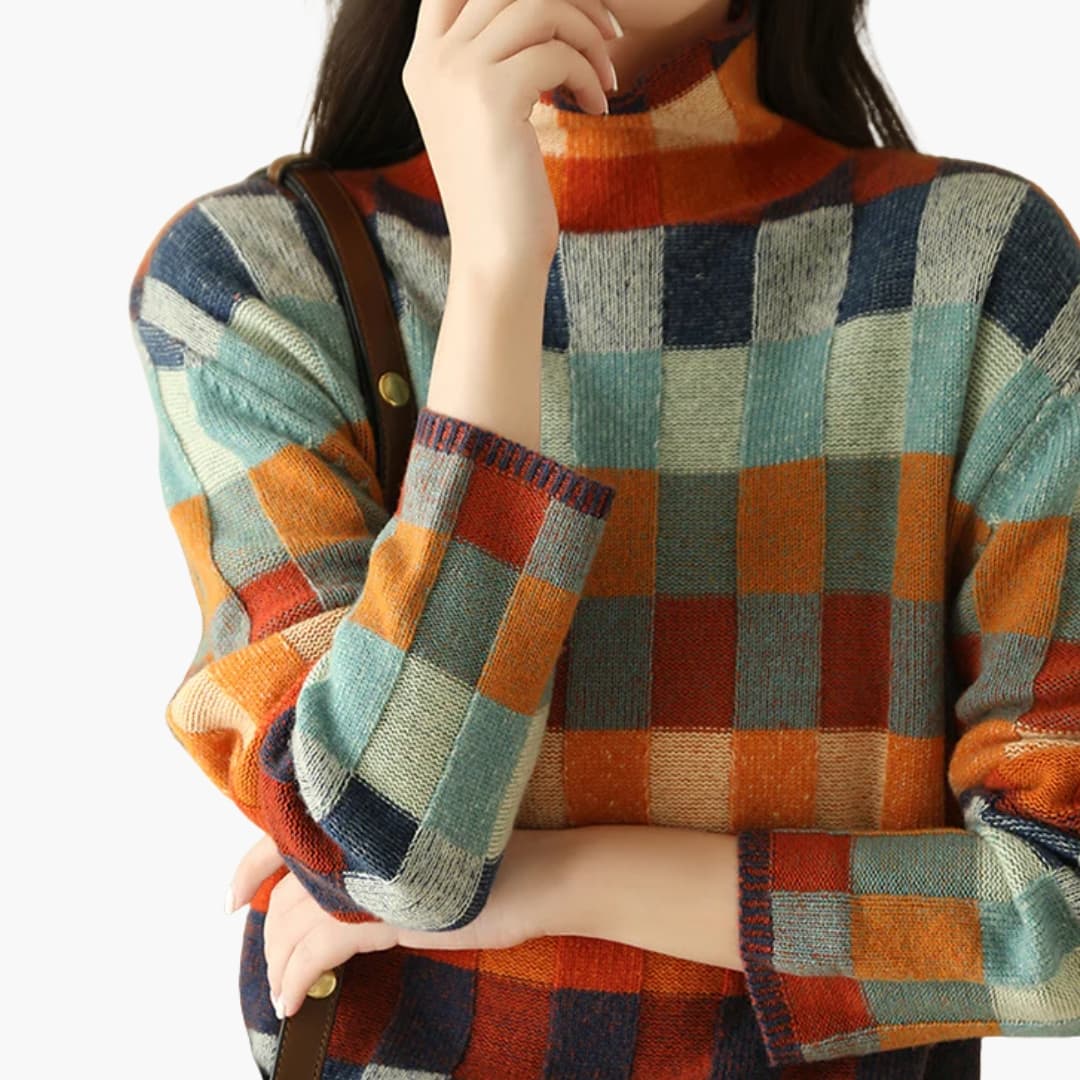 Pull femme en maille à carreaux multicolores avec coupe ample