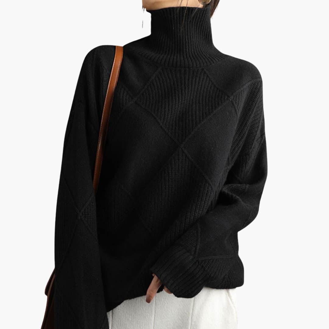 Maglione donna in maglia con motivo a rombi testurizzato e collo a coste