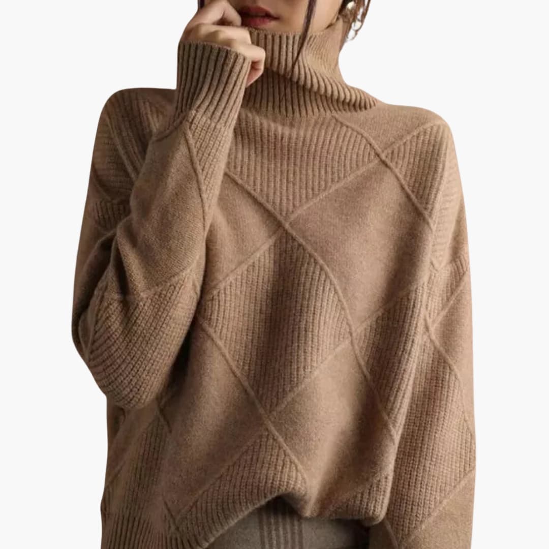Pull femme en maille col roulé avec motif géométrique