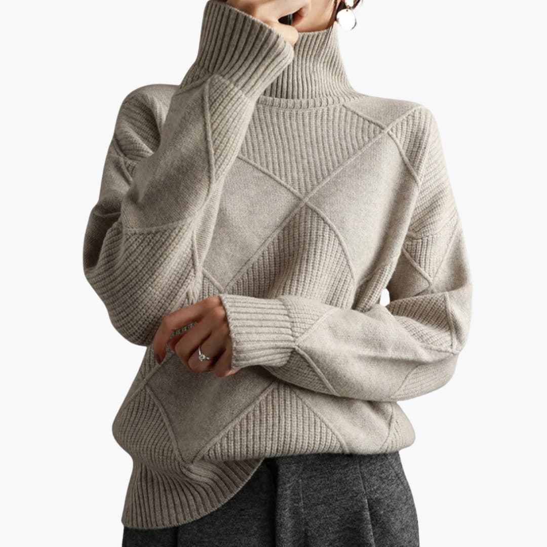 Pull femme en maille col roulé avec motif géométrique