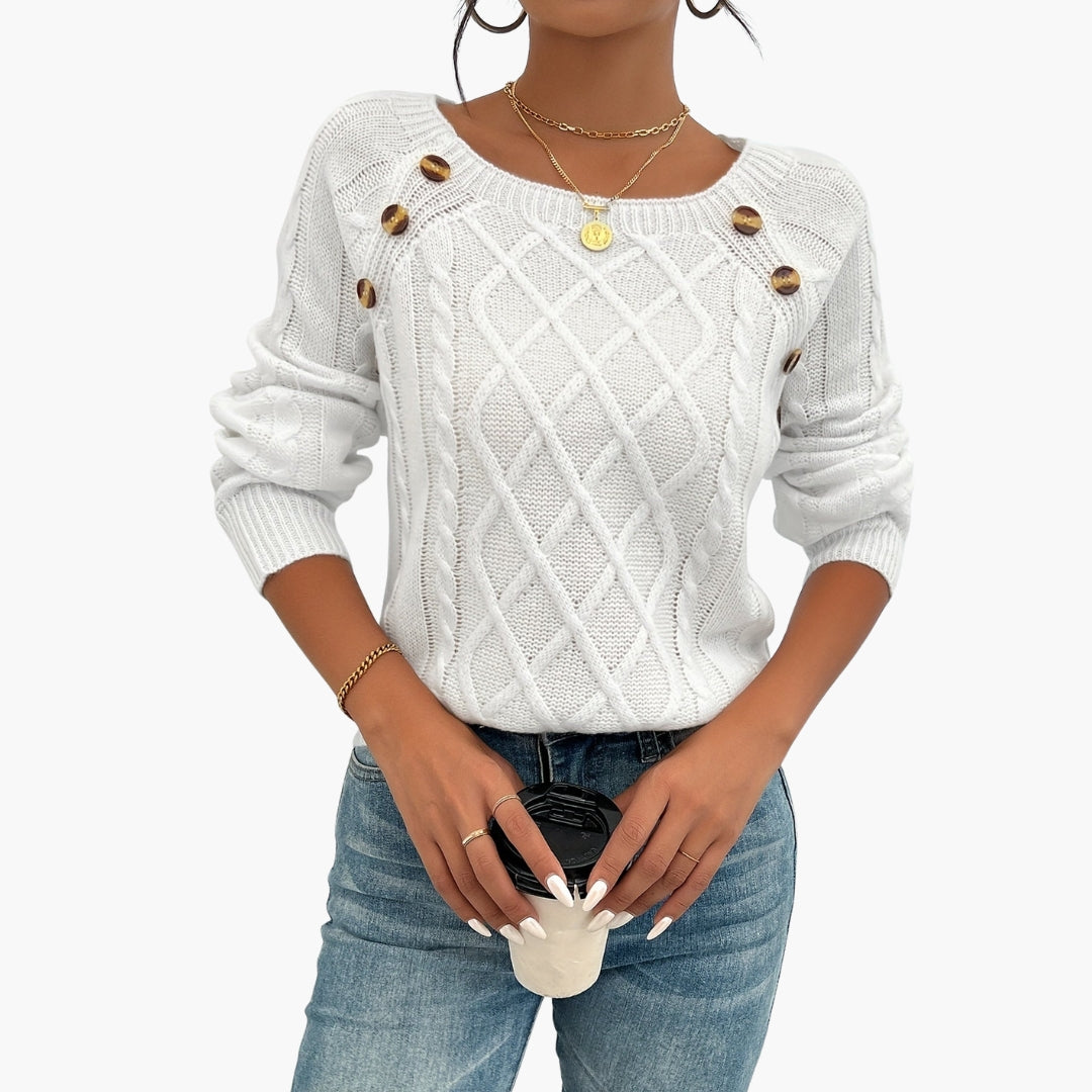 Pull femme maille torsadée col rond avec détail boutons