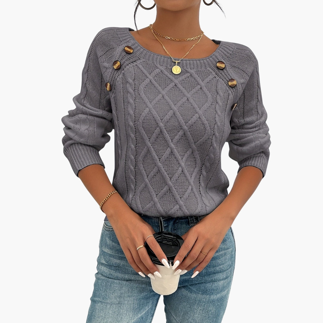 Pull femme maille torsadée col rond avec détail boutons