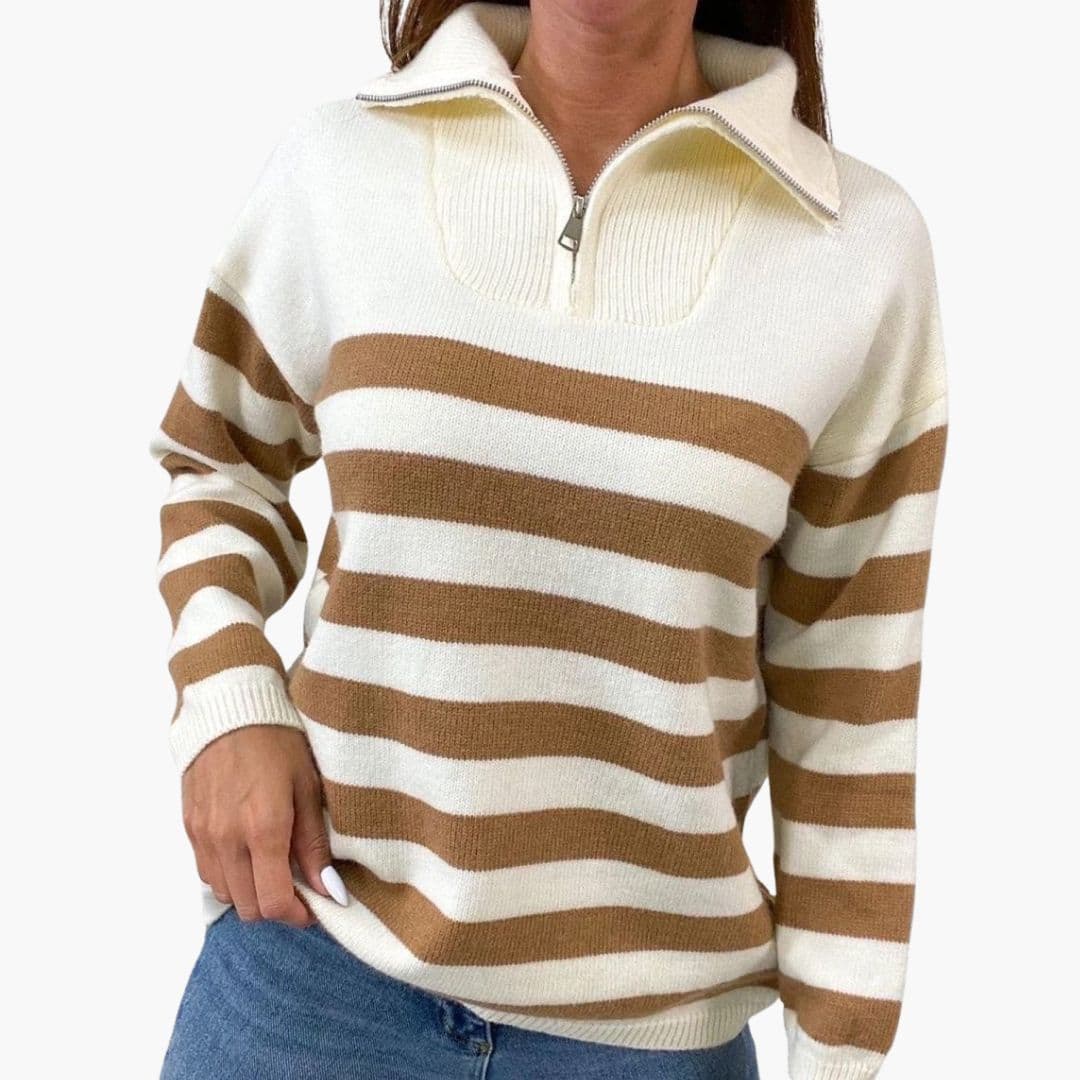 Maglione donna a righe con collo alto e chiusura lampo