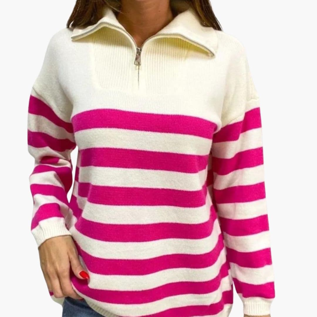 Maglione donna a righe con collo alto e chiusura lampo
