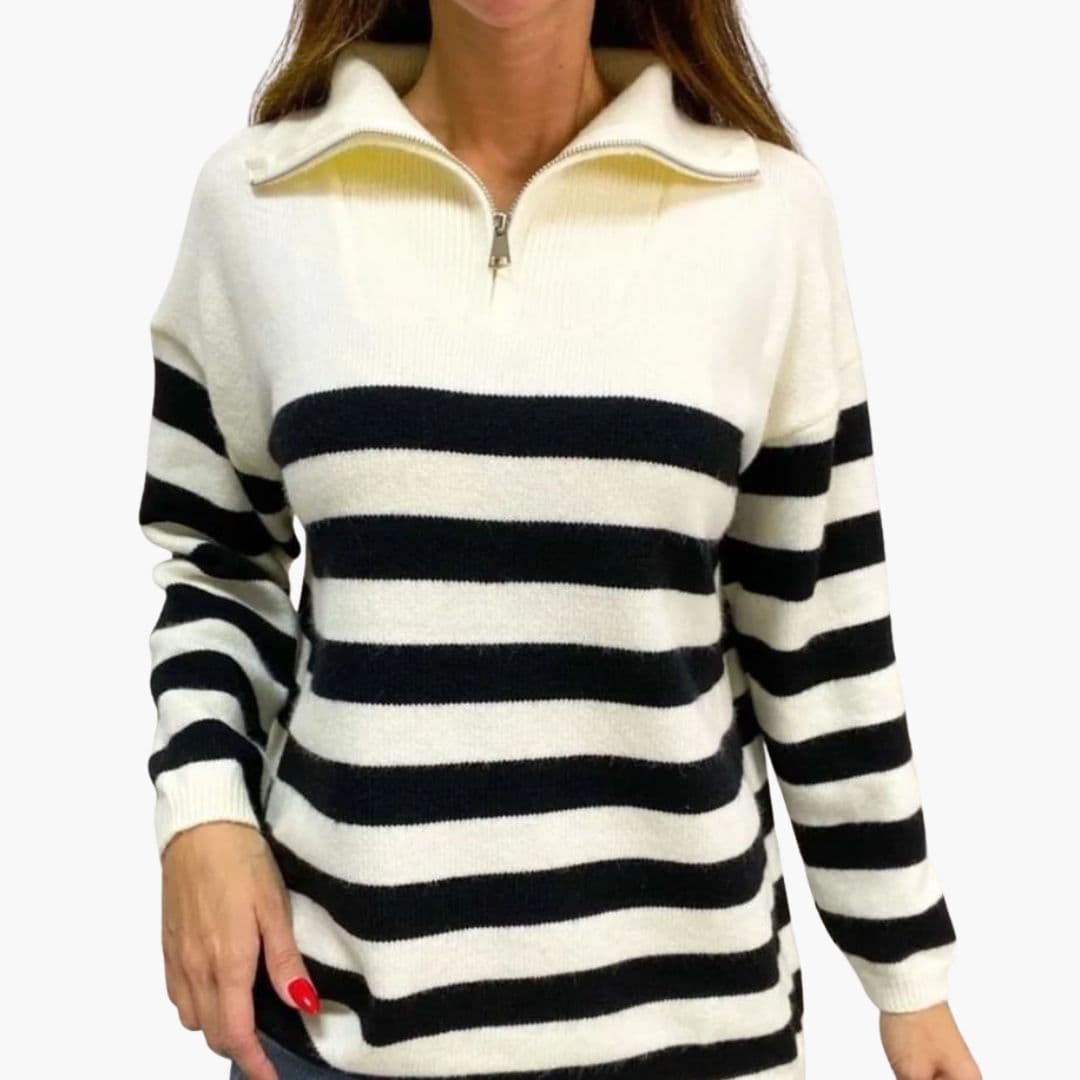 Maglione donna a righe con collo alto e chiusura lampo