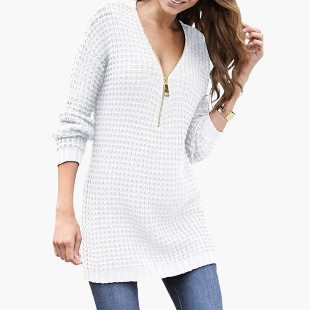 Pull feminino com fecho de correr, decote em V e malha texturada