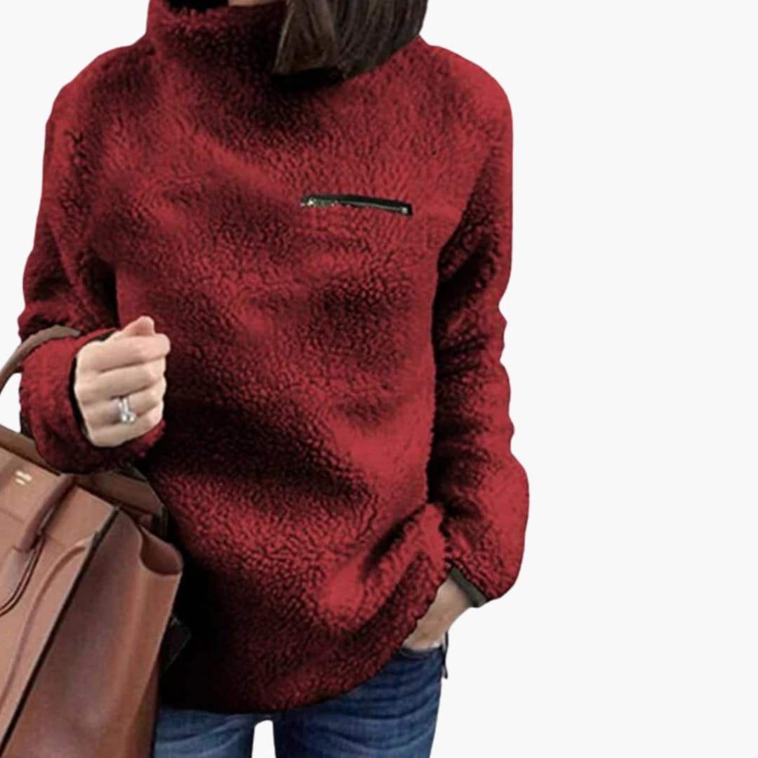 Maglione in pile con collo alto da donna con tasca sul petto con cerniera