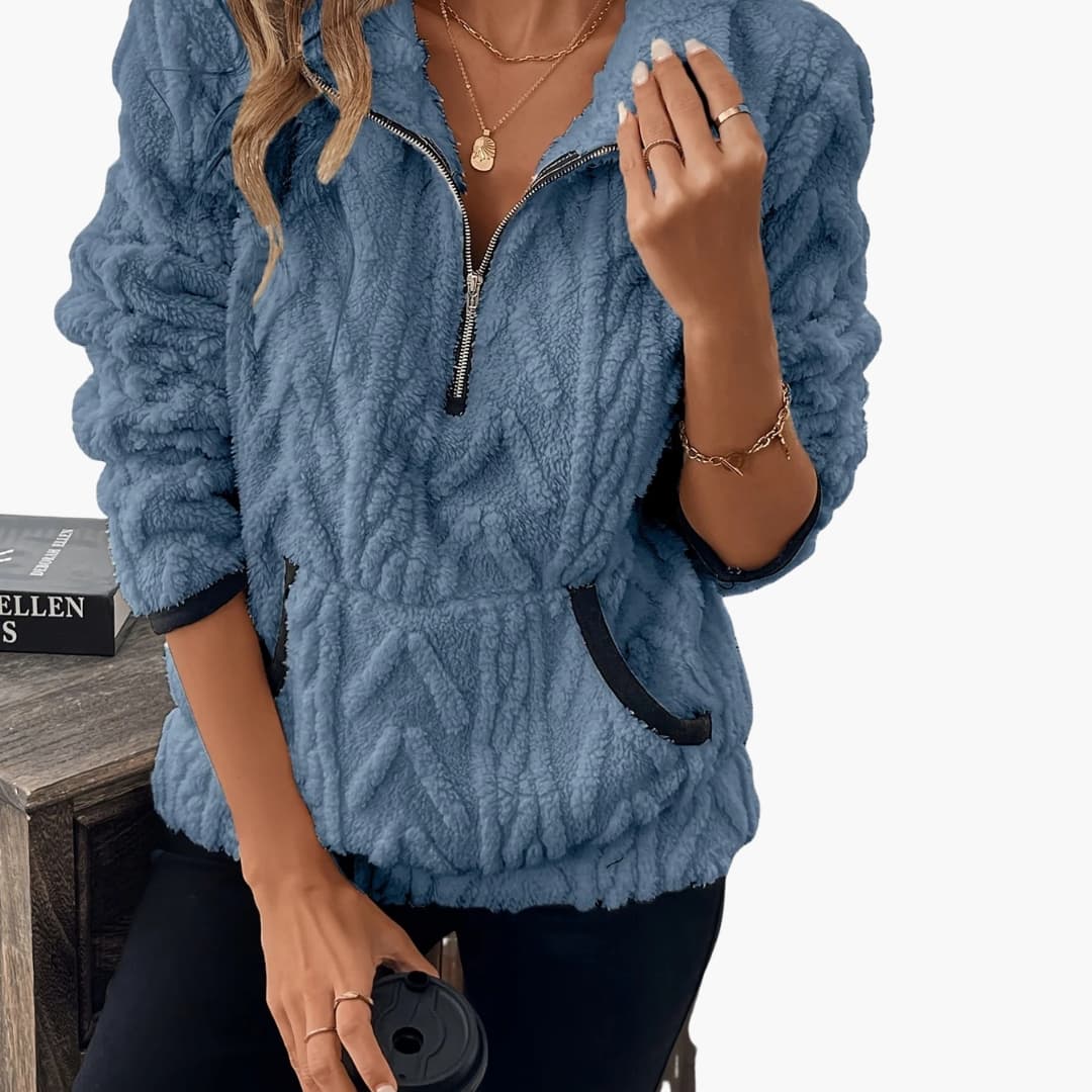 Pull polar em peluche para mulher com meio fecho e bolsos frontais