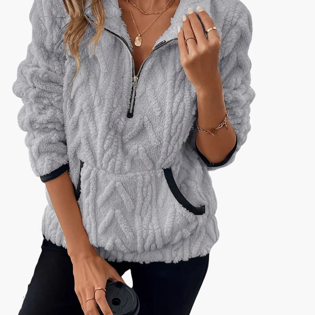Pull polar em peluche para mulher com meio fecho e bolsos frontais