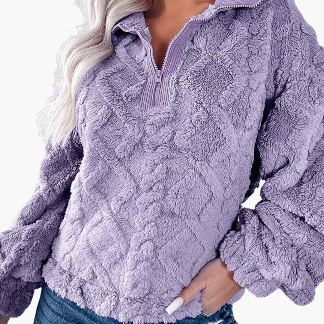Felpa in pile da donna con collo a mezza zip e motivo a rombi testurizzato