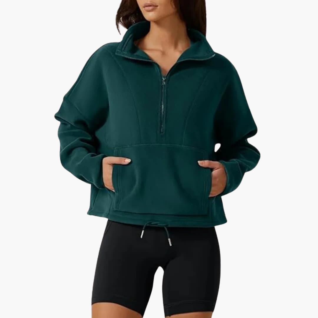 Pull polar para mulher com meio fecho e bolso frontal