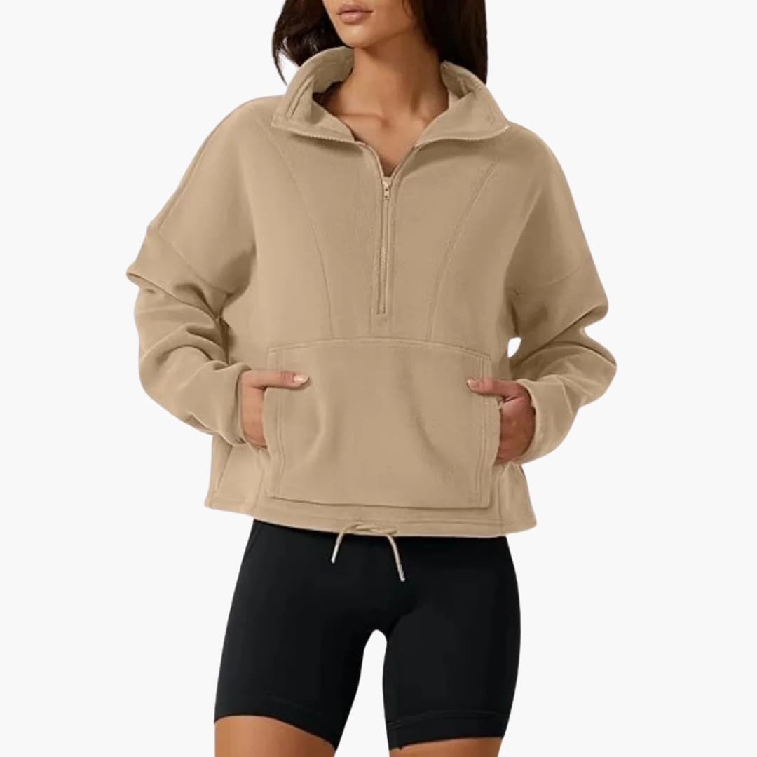 Pull polar para mulher com meio fecho e bolso frontal