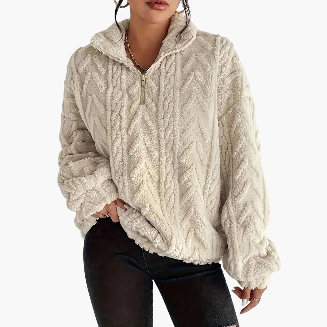 Pull polar texturado para mulher com meio fecho éclair