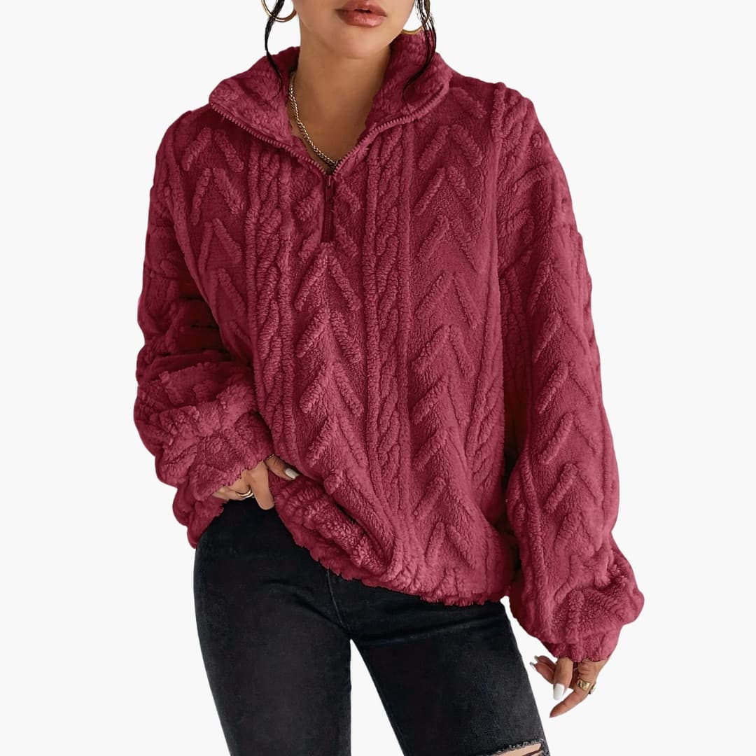 Pull polar texturado para mulher com meio fecho éclair