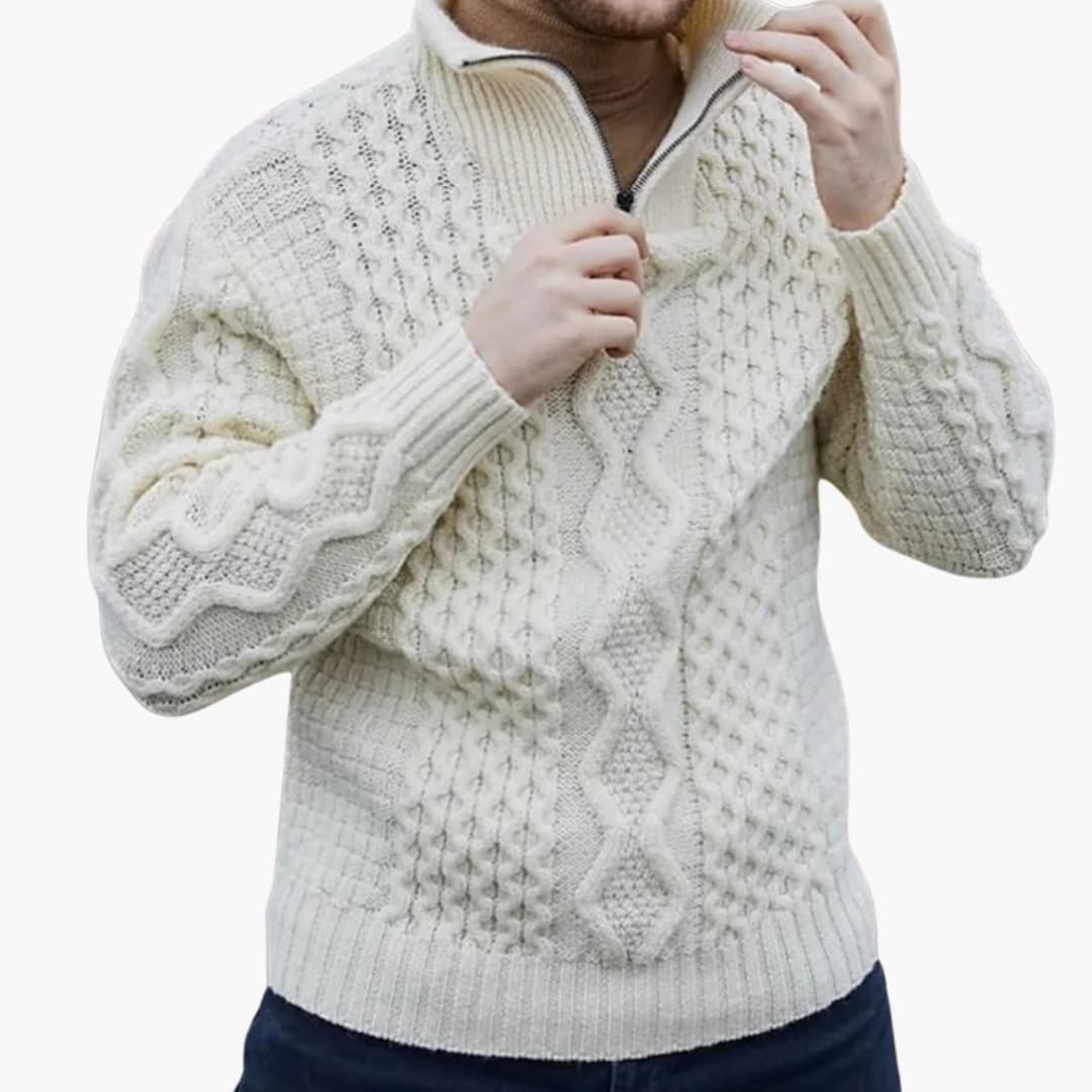 Pull torsadé pour homme avec demi zip et col côtelé